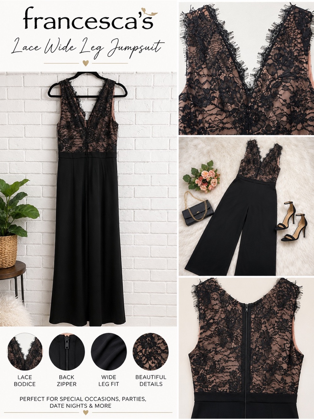Francesca's Collections Black Lace V-Neck Wide Leg Jumpsuit